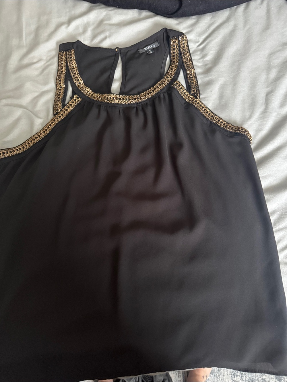 XOXO Black Tank with Gold Trim Embellished Neckline
